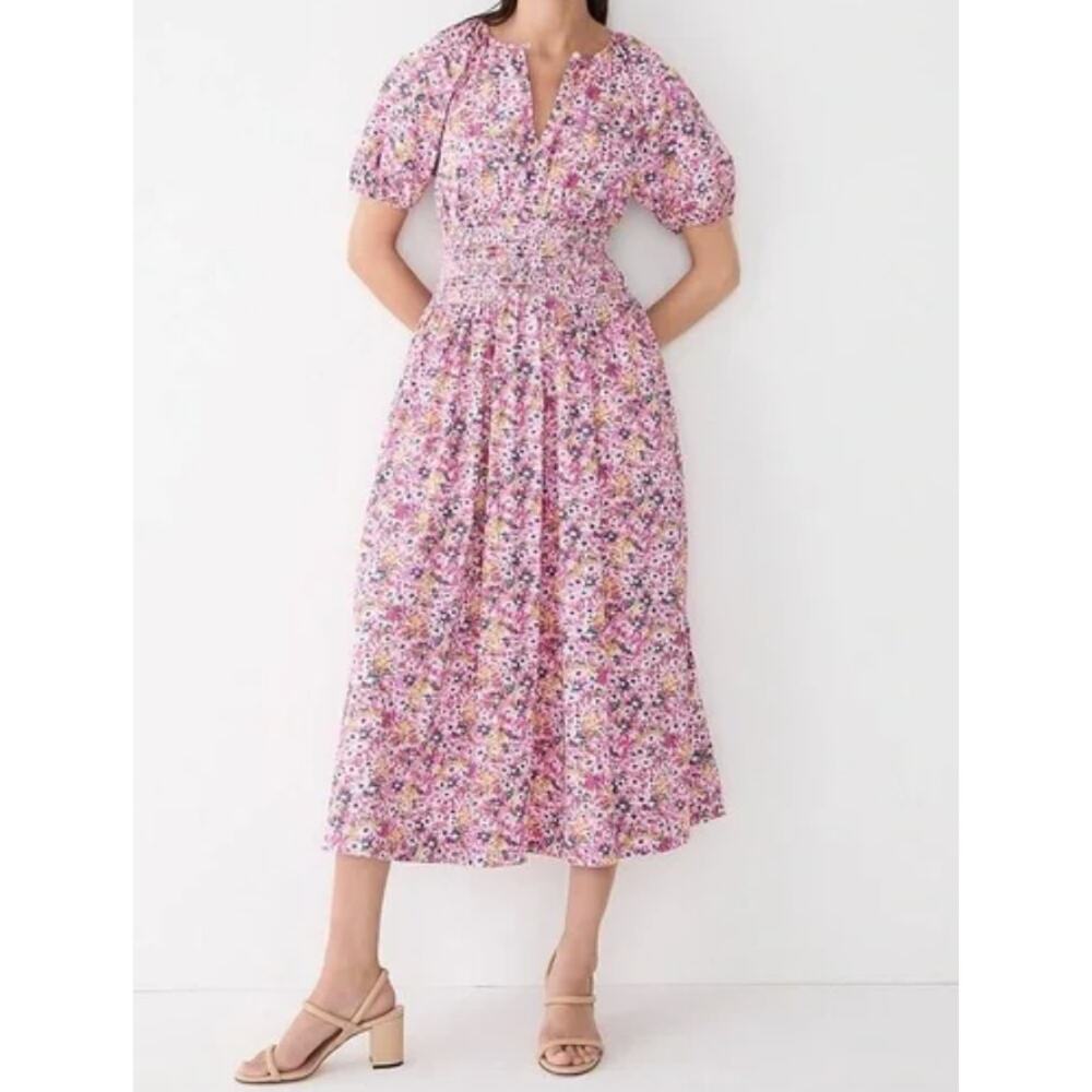 NWT J. Crew Tall Small Puff Sleeve Smocked Waist Midi Dress Pink Floral Fields